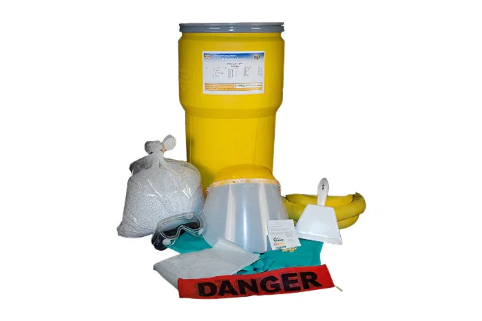 15-gallon sulfuric acid spill kit with yellow drum, safety gear, absorbent, and warning sign