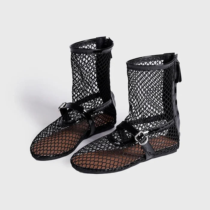 2024 Women's New Mesh Roman Boots Sexy Short Boots Women's 2024 New Black Single Shoes Flat Shoes