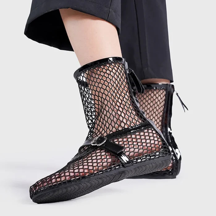 2024 Women's New Mesh Roman Boots Sexy Short Boots Women's 2024 New Black Single Shoes Flat Shoes