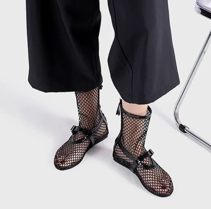 2024 Women's New Mesh Roman Boots Sexy Short Boots Women's 2024 New Black Single Shoes Flat Shoes