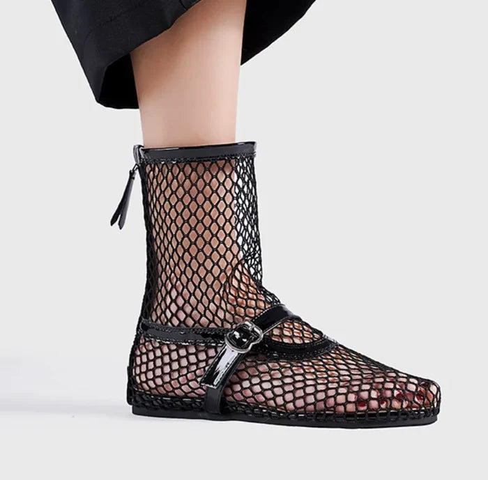 2024 Women's New Mesh Roman Boots Sexy Short Boots Women's 2024 New Black Single Shoes Flat Shoes