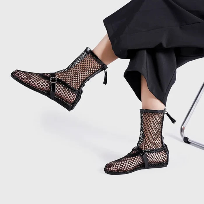 2024 Women's New Mesh Roman Boots Sexy Short Boots Women's 2024 New Black Single Shoes Flat Shoes