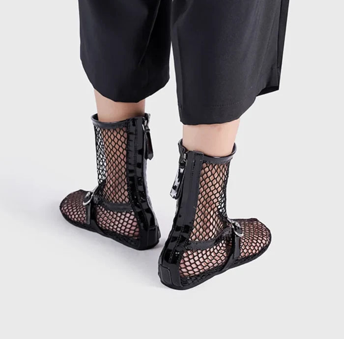 2024 Women's New Mesh Roman Boots Sexy Short Boots Women's 2024 New Black Single Shoes Flat Shoes
