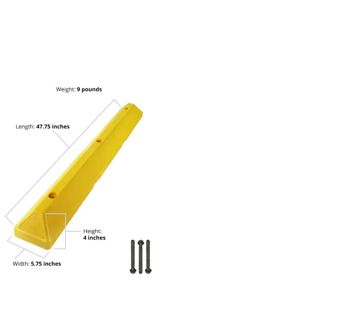 Yellow recycled plastic parking block with mounting hardware and dimensions labeled