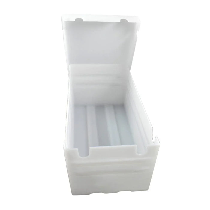 Heavy-duty white plastic battery box with open lid and reinforced interior