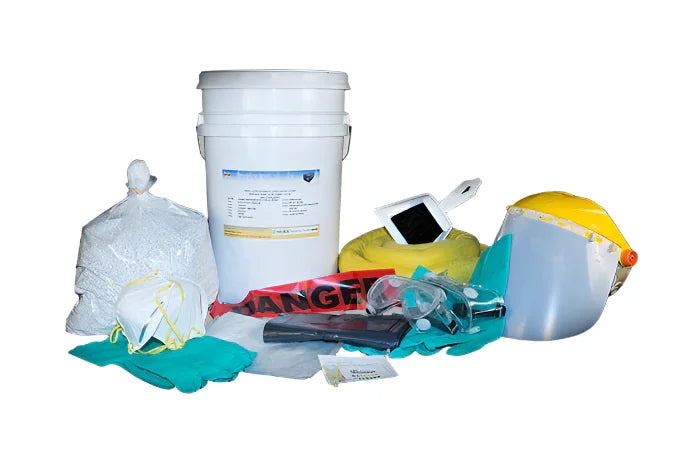 6-gallon sulfuric acid spill kit with protective gloves, goggles, mask, absorbent, and hazard sign