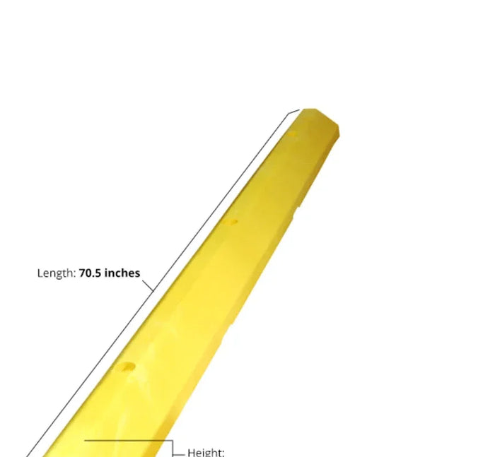 Yellow commercial parking block, 70.5 inches long, angled view on white background.