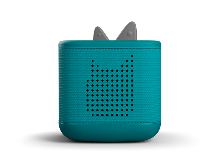 Front view of tropical teal Toniebox 2 an audio player for kids, used with Tonie audio figurines and Tonieplay games