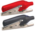 Red and black alligator clips with vinyl boots for electrical connections