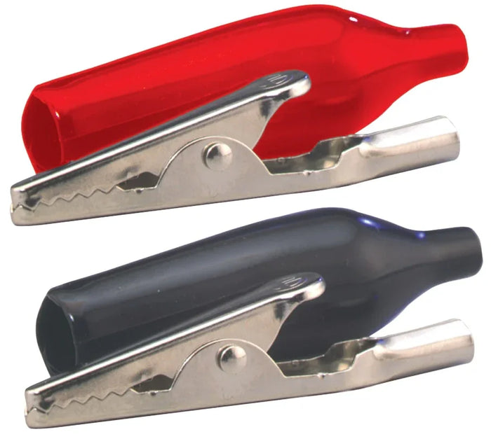 Red and black alligator clips with vinyl boots for electrical connections