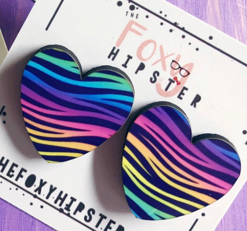 Animal Print Leopard Zebra Cheetah Rainbow Heart Stud Earrings