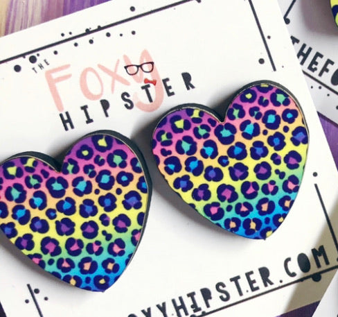 Animal Print Leopard Zebra Cheetah Rainbow Heart Stud Earrings