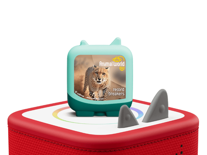 animal world record breakers clever tonies on a red Toniebox 2 ready to play audio stories and songs