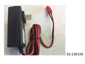 Black AC power charger with red and black cable and connector on white background