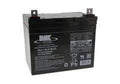 12V black lead acid battery with labels and metal terminals, used for industrial power