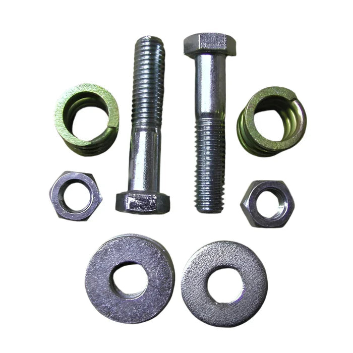 Magnet stud kit with two hex bolts, nuts, washers, and lock washers on white background