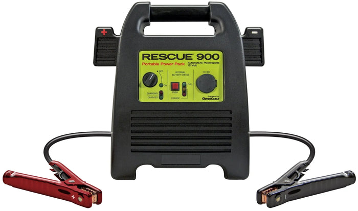 Portable automotive jump starter power pack with attached red and black jumper cables