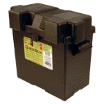 6-volt battery box with secure lid and handle, black plastic storage for power batteries