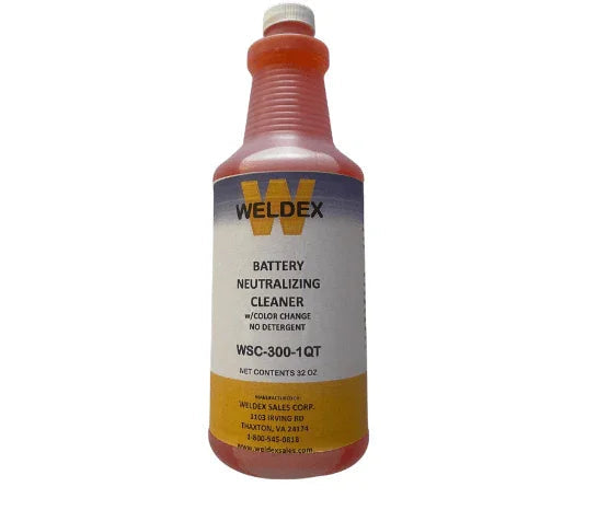 Weldex battery neutralizing cleaner bottle for battery maintenance and facility power.