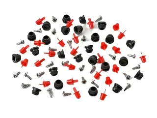 Assorted blinky light repair parts kit with screws, grommets, and red connectors