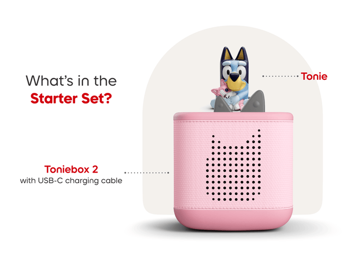 What’s in the starter set? Pink Toniebox 2, Bluey audio figurine, and USC-C charging cable