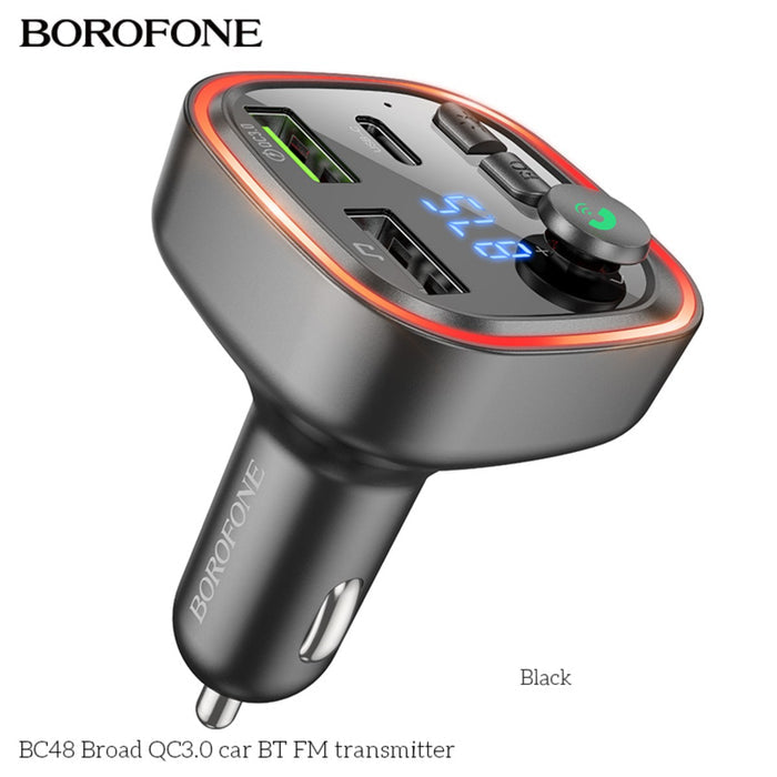 Black BOROFONE BC48 Broad QC3.0 car Bluetooth FM transmitter with digital display, USB ports, and LED ring, designed for in-car audio