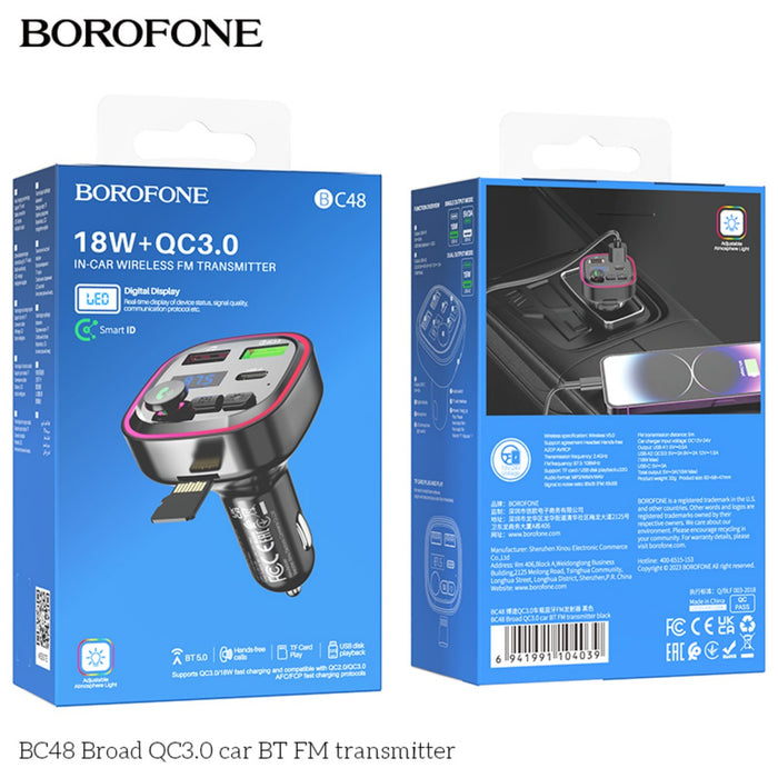 Packaging box of BOROFONE BC48 Broad QC3.0 car BT FM transmitter featuring digital display, USB ports, and wireless connectivity
