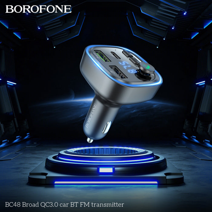 Futuristic scene showing BOROFONE BC48 Broad QC3.0 car BT FM transmitter floating in space with glowing LED accents