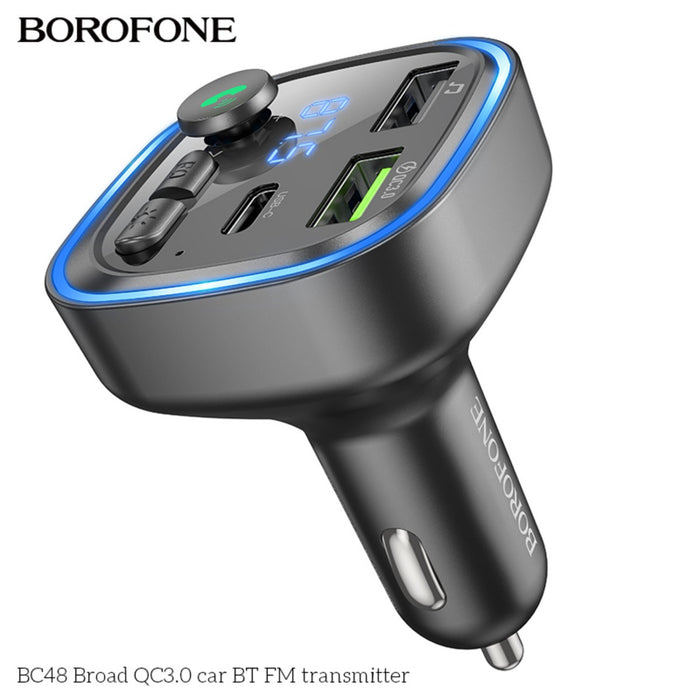 Black BOROFONE BC48 Broad QC3.0 car Bluetooth FM transmitter with LED ring, USB ports, and digital display in a sleek design