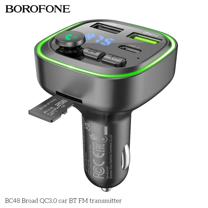 Black BOROFONE BC48 Broad QC3.0 car FM transmitter with digital display, USB-C port, and control buttons, designed for in-car audio use.