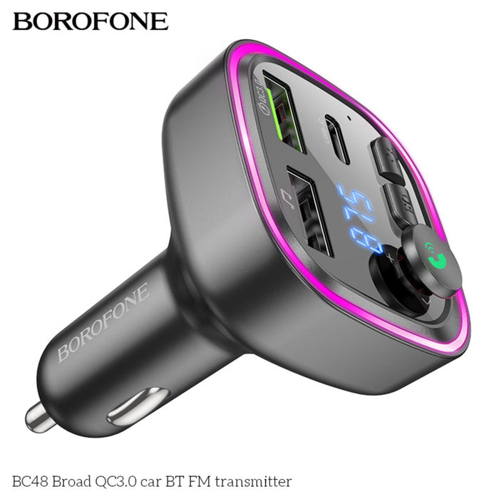 Gray BOROFONE BC48 Broad QC3.0 car Bluetooth FM transmitter with digital display, USB ports, and control buttons for hands-free calls.