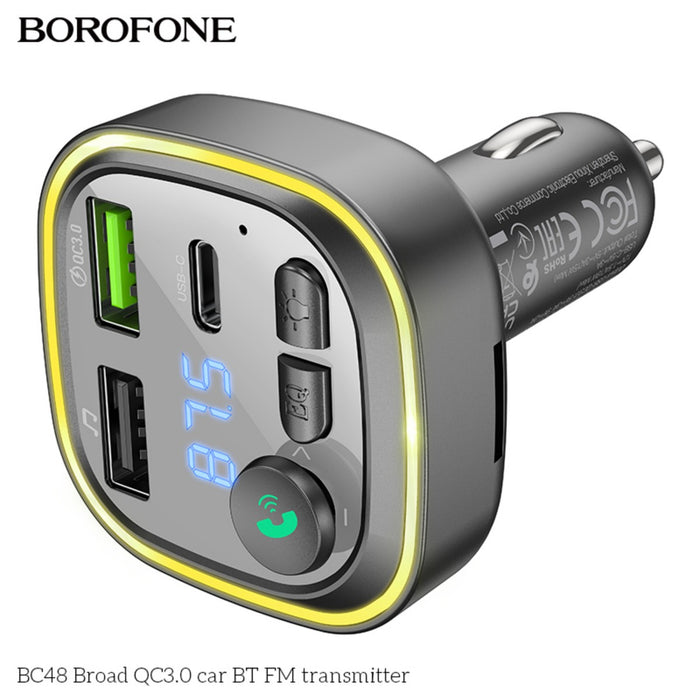 Close-up of BOROFONE BC48 Broad QC3.0 car FM transmitter with digital display, USB ports, and control buttons, in black finish.