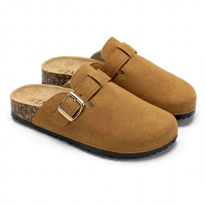 Buckle Suede Cork Clog Mules - Light Grey/ camel brown