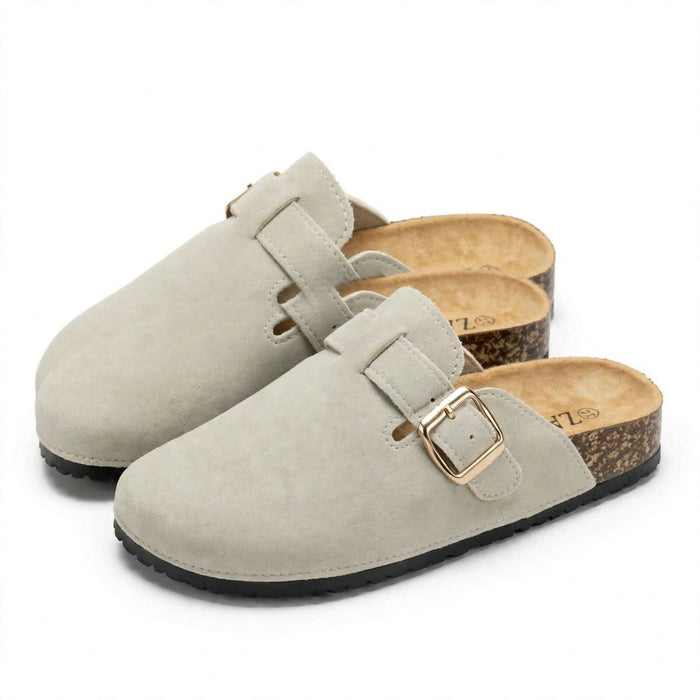 Buckle Suede Cork Clog Mules - Light Grey/ camel brown