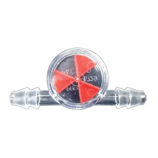 Transparent plastic flow indicator with red impeller for fluid power systems