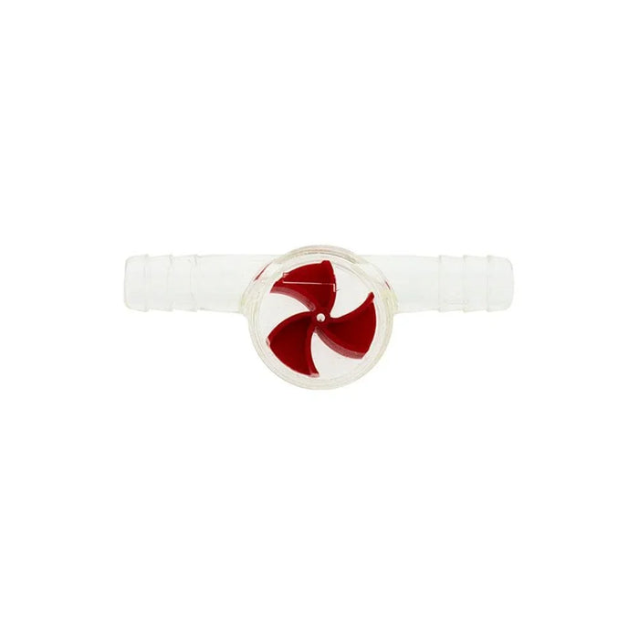 Clear plastic flow indicator with red impeller for fluid line monitoring