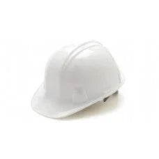 White cap style hard hat safety helmet on plain background