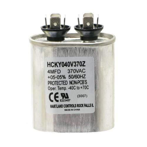 Metallic 4MFD 370VAC run capacitor with dual terminals and product labeling
