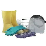 Protective chemical safety gear set with gloves, boots, face shield, and goggles