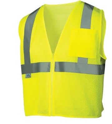 Class 2 hi-vis safety vest with reflective silver stripes and front zipper closure