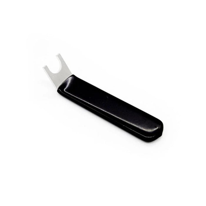 Collar installation tool with black handle and metal forked end on white background