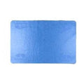 Blue cooling towel laid flat on a white background, rectangular and textured fabric.