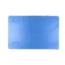 Blue cooling towel laid flat on a white background, rectangular and textured fabric.