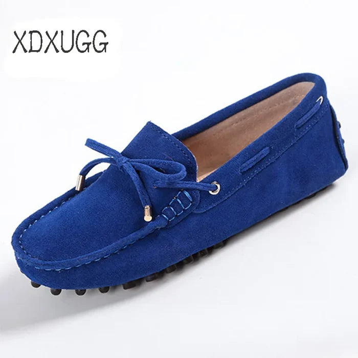 Cow leather womens shoes suede flats bow tie moccasins big size casual shoes size34-44
