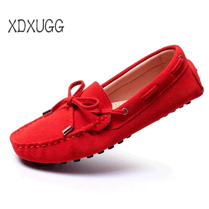 Cow leather womens shoes suede flats bow tie moccasins big size casual shoes size34-44