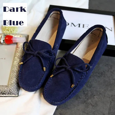Cow leather womens shoes suede flats bow tie moccasins big size casual shoes size34-44