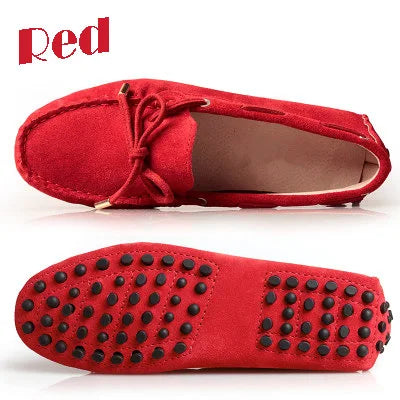 Cow leather womens shoes suede flats bow tie moccasins big size casual shoes size34-44