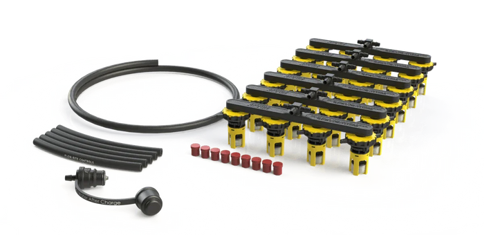 Golf cart battery watering system kit with yellow valves, tubing, and fittings