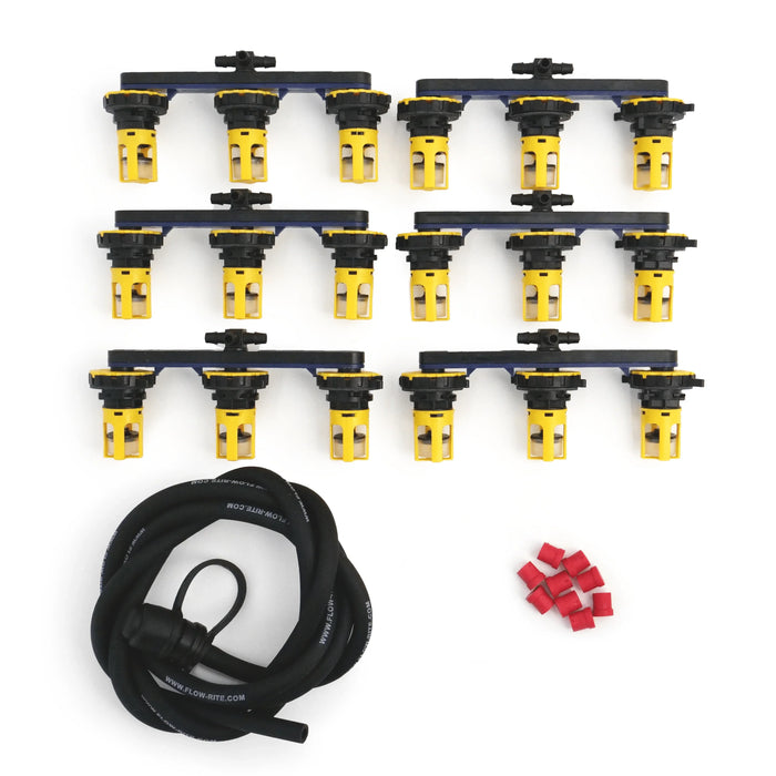 Golf cart battery watering system kit with yellow valves, black hose, and red caps on white background