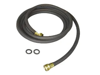 black deionizer input hose with brass connectors and two washers on white background